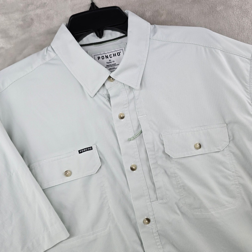 Poncho Shirt Mens XL Green Micro Grid Magnetic Pockets Short Sleeve Fishing